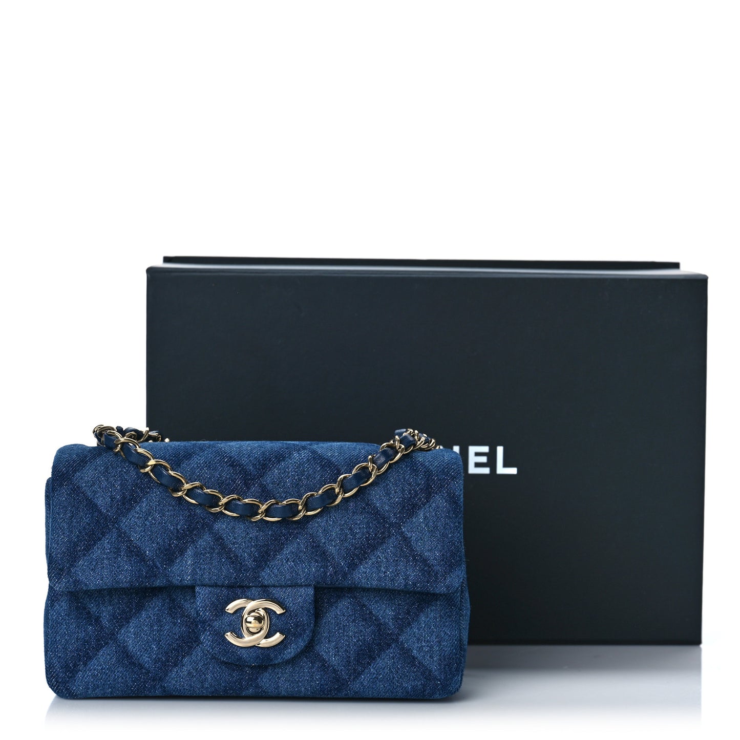 Printed Denim Quilted Mini Rectangular Flap Dark Blue