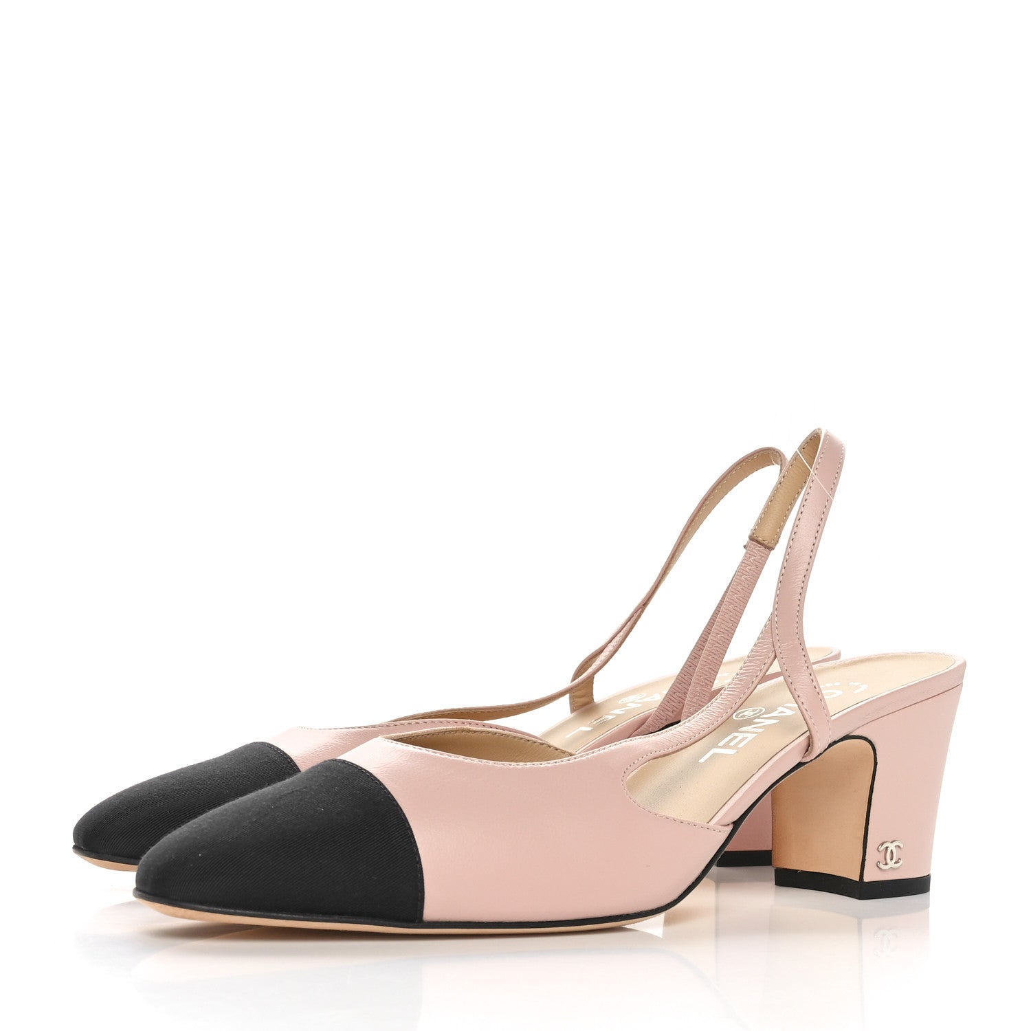 Chanel Lambskin Grosgrain Cap Toe CC Slingback Pumps 40 Light Pink Black 3 of 8
