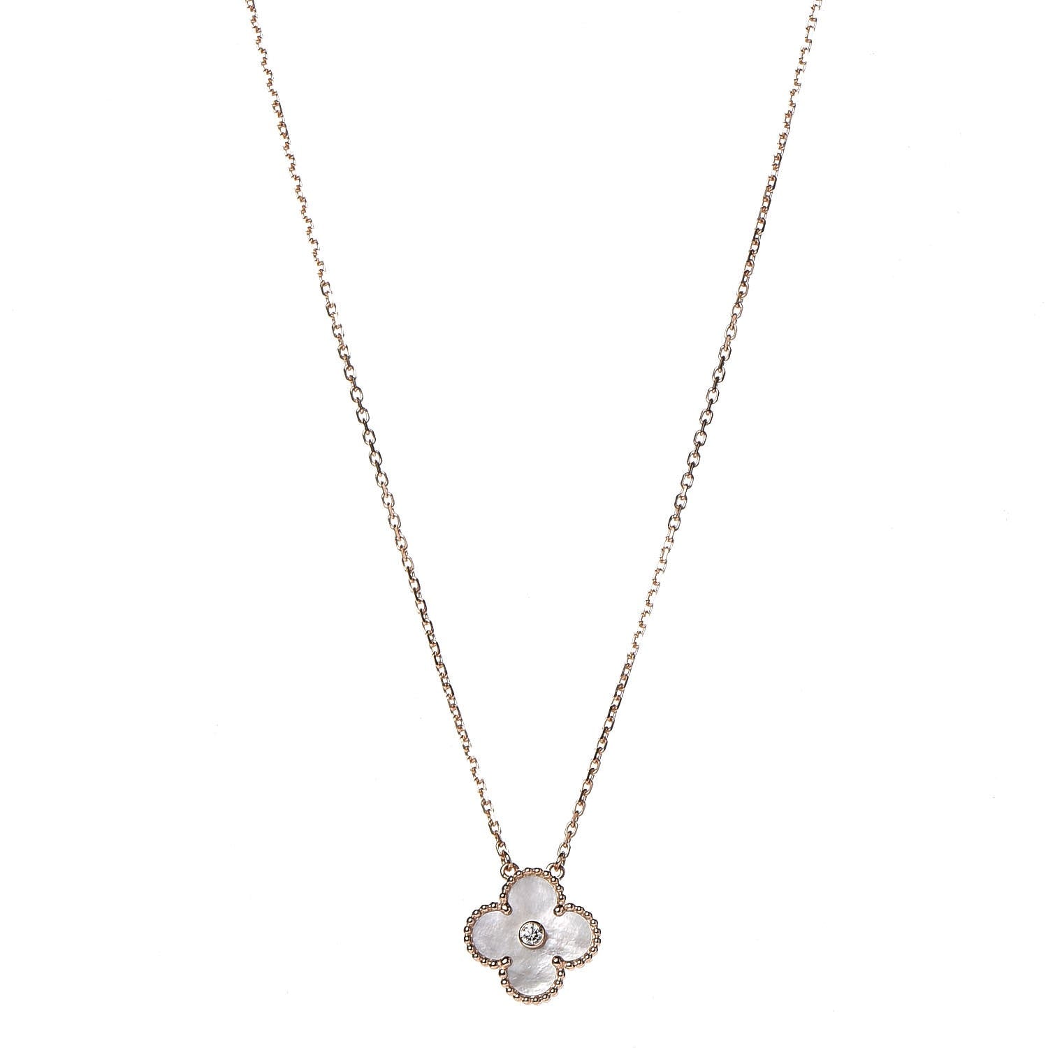 Van Cleef & Arpels 18K Rose Gold Diamond Mother of Pearl Vintage Alhambra Pendant Necklace 1 of 8