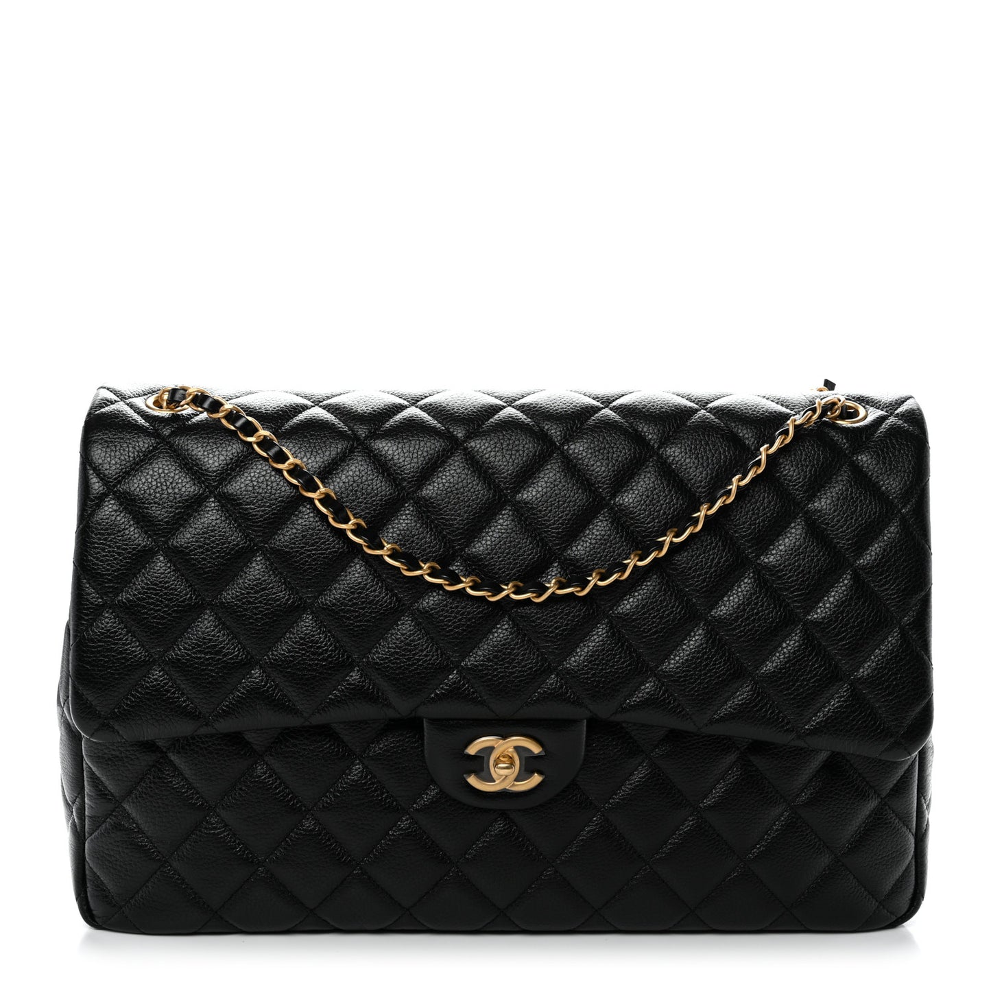Grained Calfskin Quilted XXL Travel Flap Bag Black