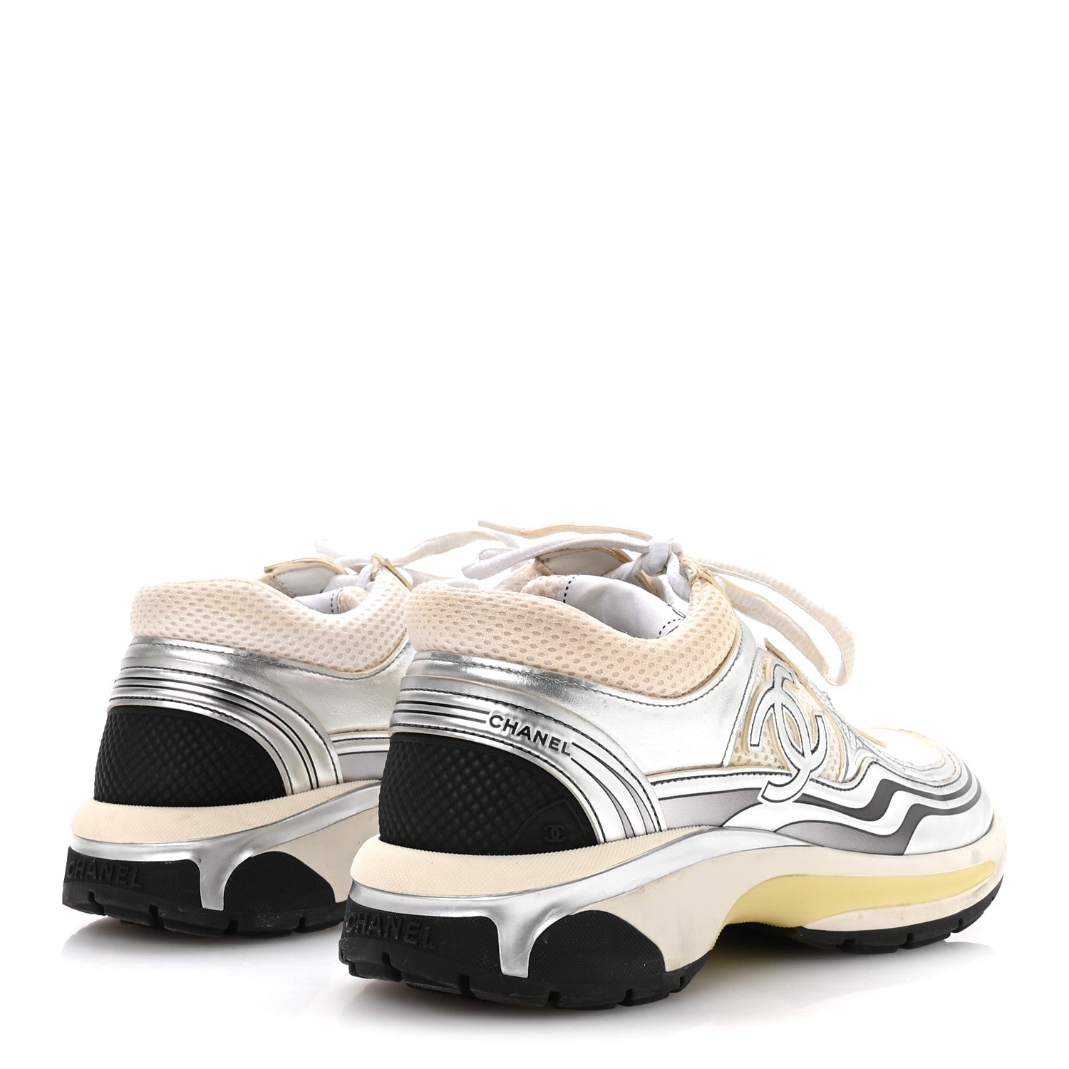 Chanel Fabric Laminated Calfskin Stretch CC Sneakers 38.5 White Silver 5 of 7