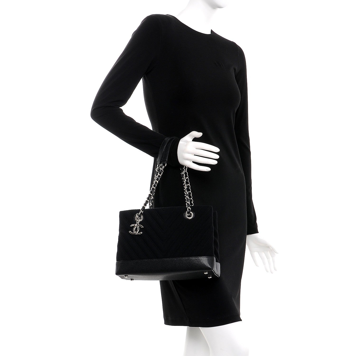 Chanel Canvas Caviar Chevron Shopper Tote Black 2 of 9