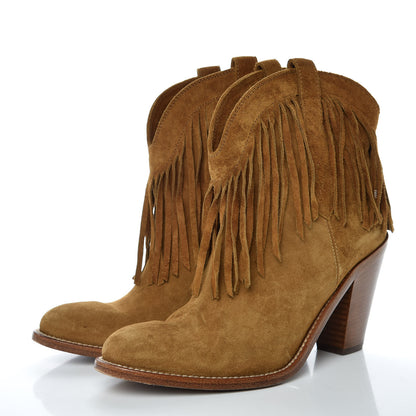 Saint Laurent Suede New Western 80 Fringe Ankle Boots 37 Tan 3 of 9