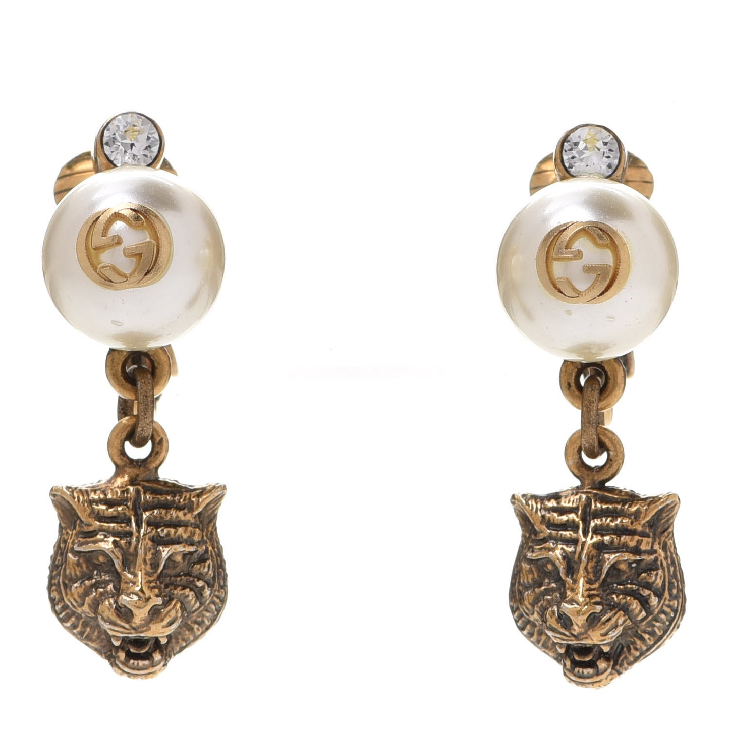 Metal Crystal Resin Pearl Feline Clip On Earrings Aged Gold