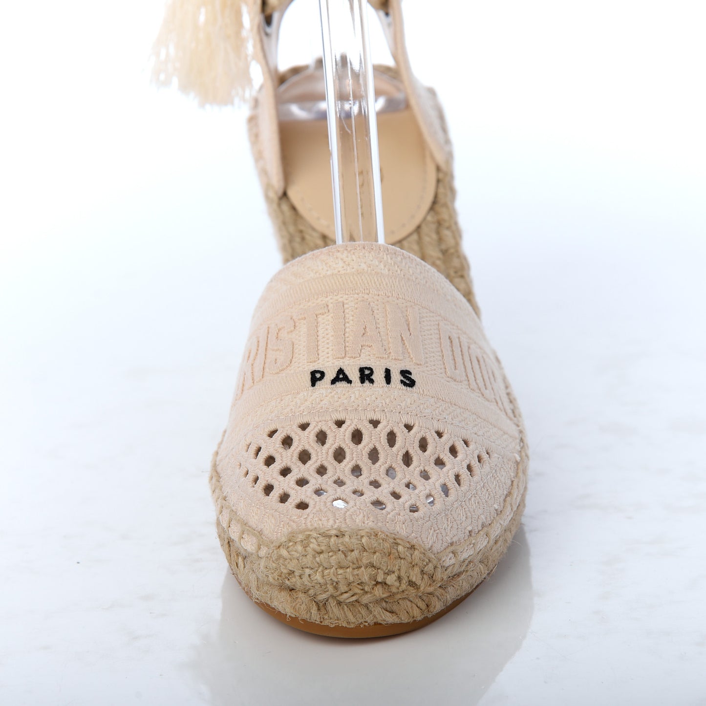 Canvas Embroidered Granville Ankle Tie Espadrille Wedges 36 Cream