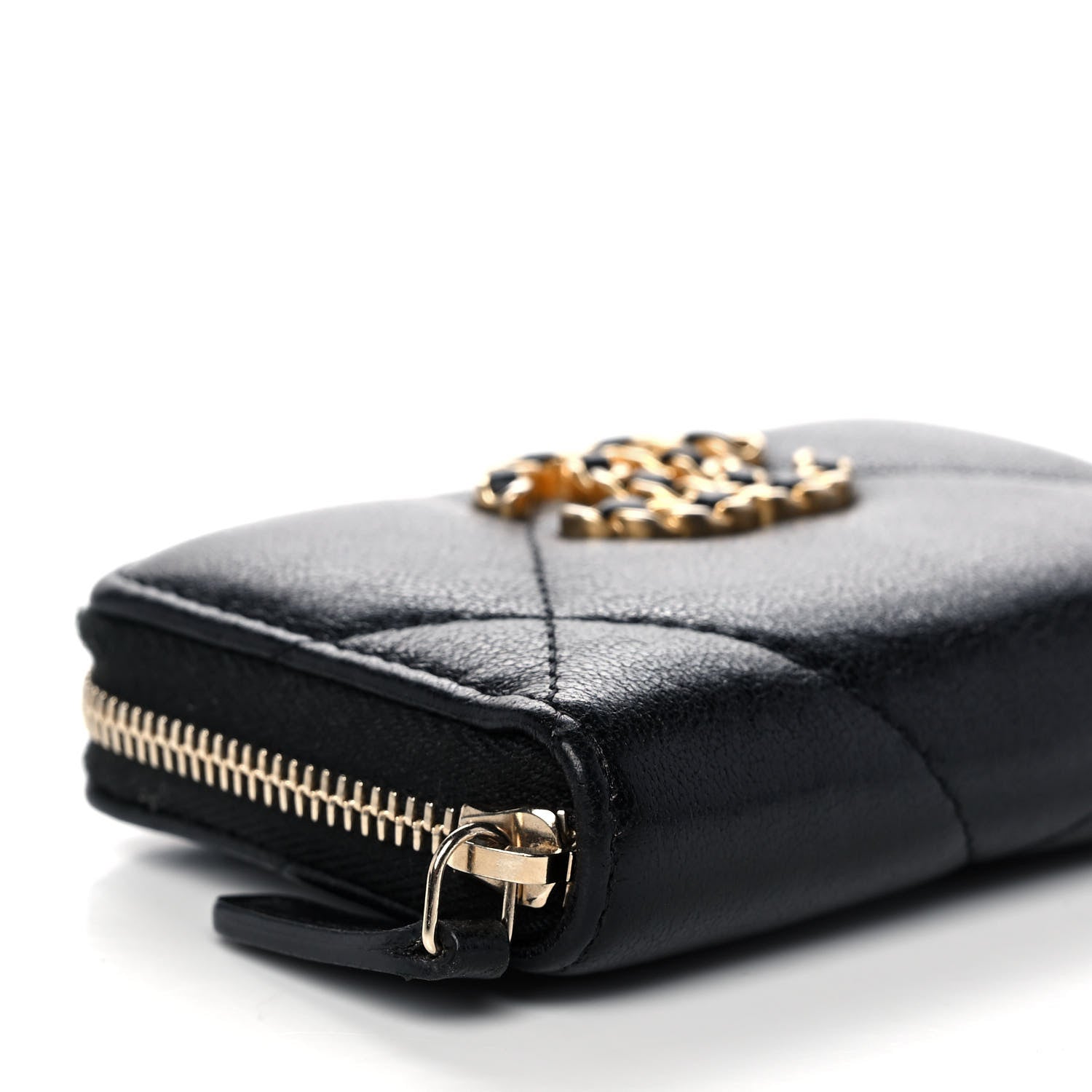 Chanel Shiny Goatskin Quilted Chanel 19 Zip Around Coin Purse Wallet Black 9 of 13