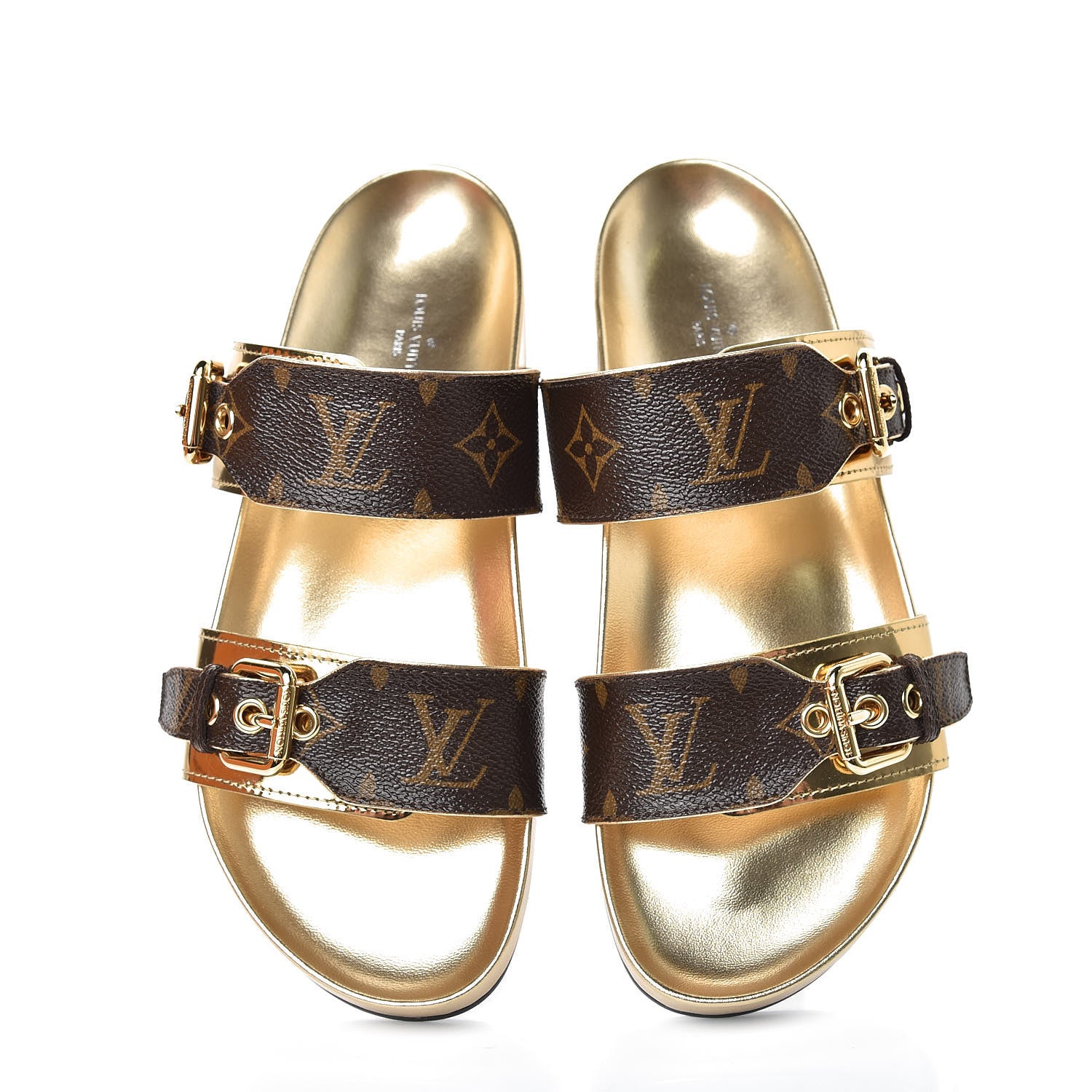 Louis Vuitton Patent Calfskin Monogram Bom Dia Mule Sandals 38 Gold 9 of 10