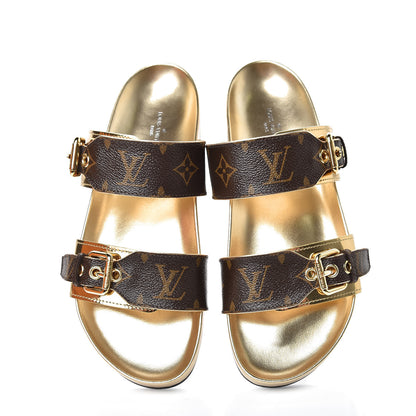 Louis Vuitton Patent Calfskin Monogram Bom Dia Mule Sandals 38 Gold 9 of 10