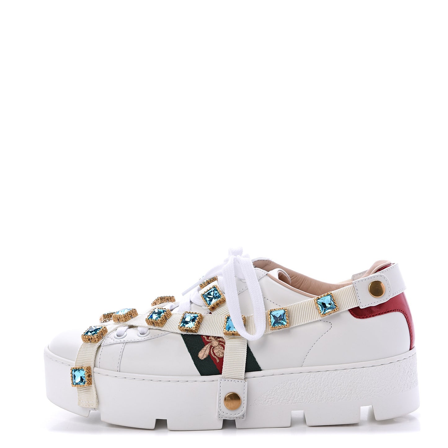 Calfskin Removable Crystals Bee Embroidered Womens Ace Platform Sneakers 39 White