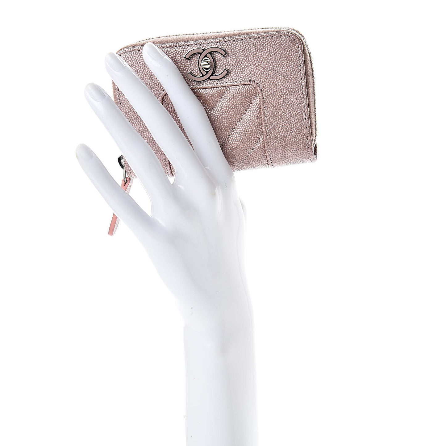 Metallic Caviar Chevron Quilted Vintage Mademoiselle Zip Coin Purse Pink