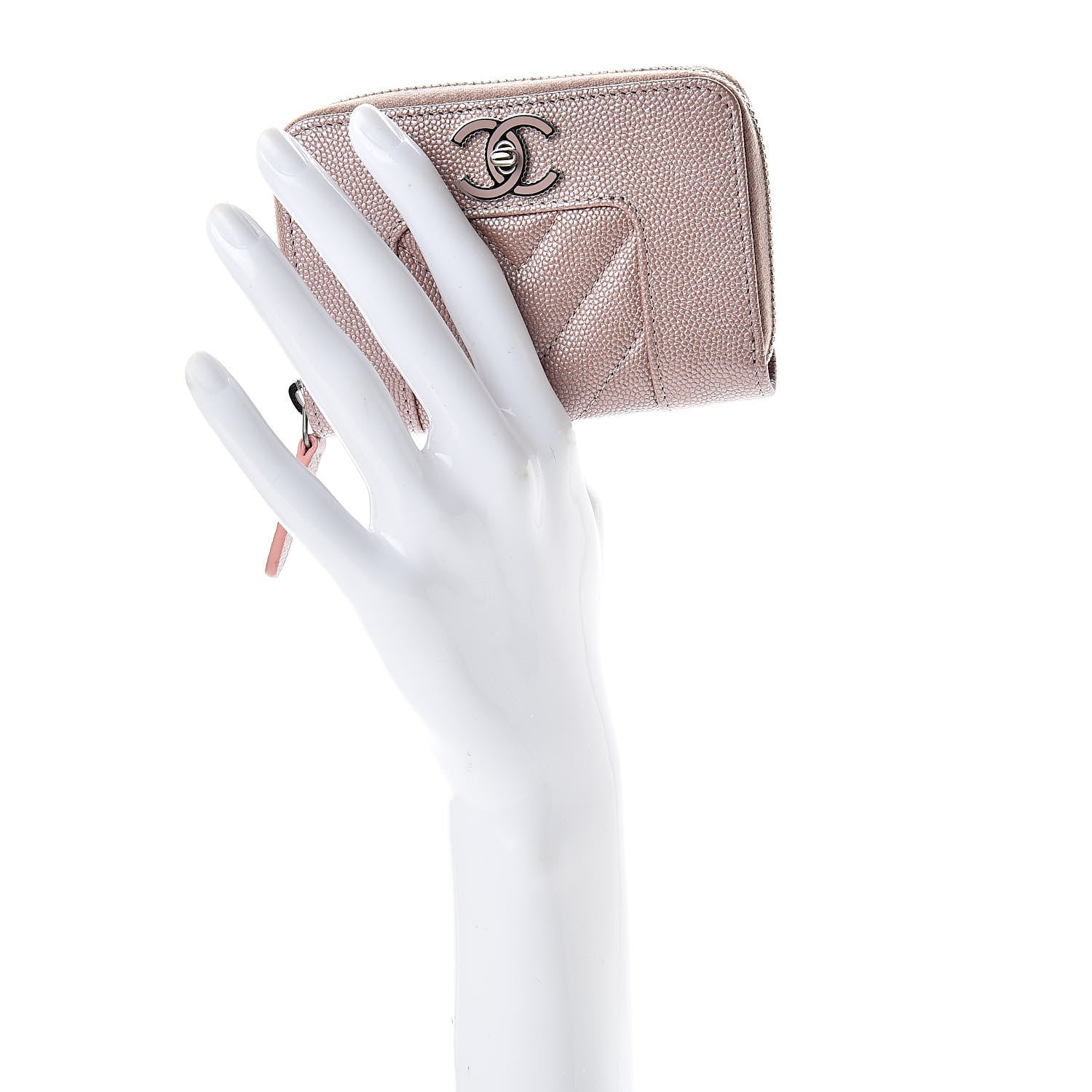 Chanel Metallic Caviar Chevron Quilted Vintage Mademoiselle Zip Coin Purse Pink 2 of 8