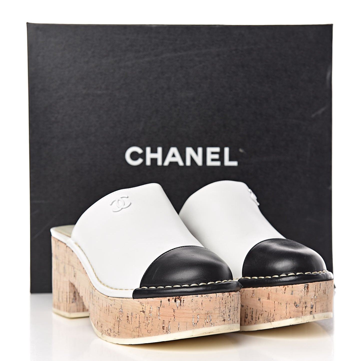 Calfskin Cork Cap Toe CC Clogs 38 White Black