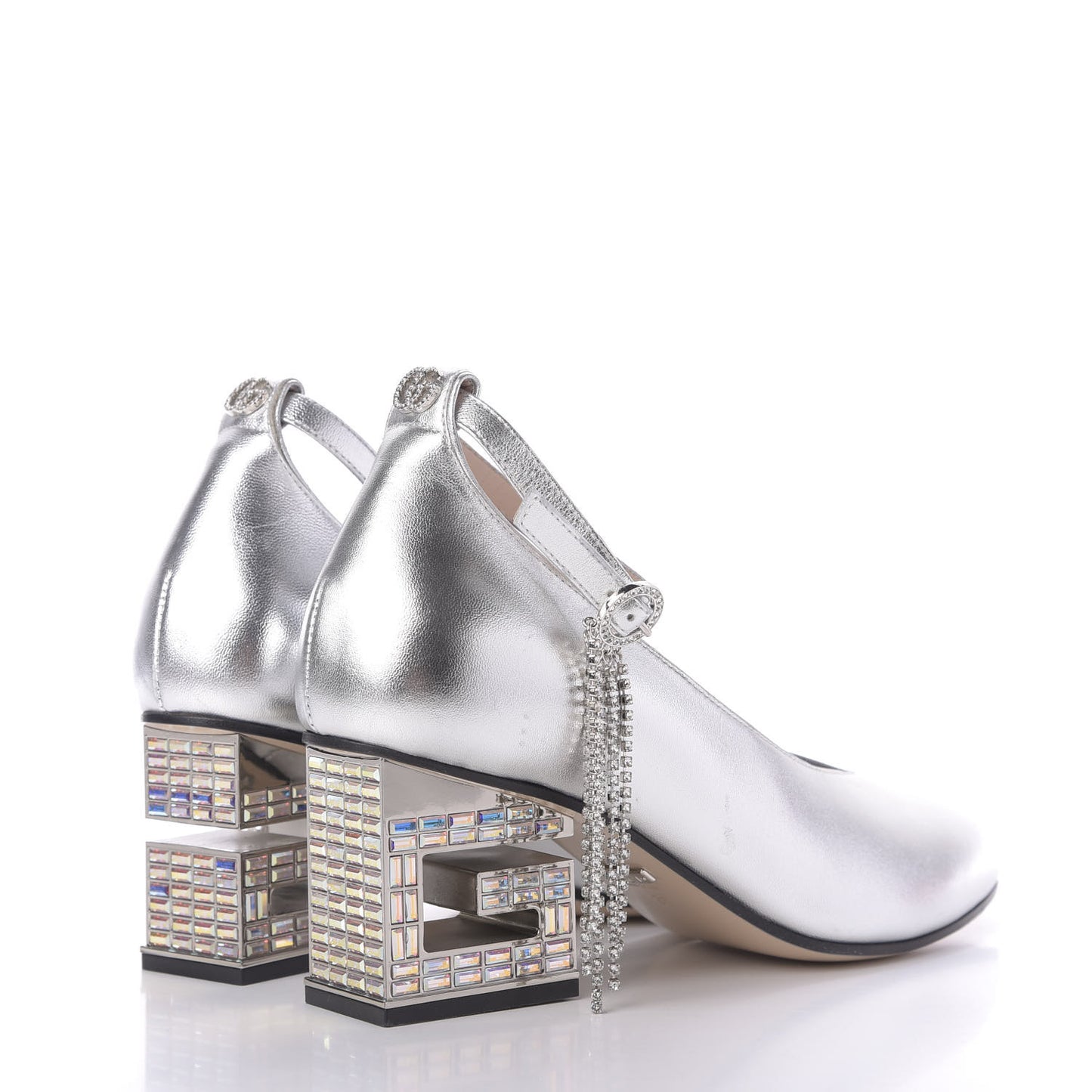 Metallic Nappa Crystal Square G Mid Heel Pumps 36 Silver