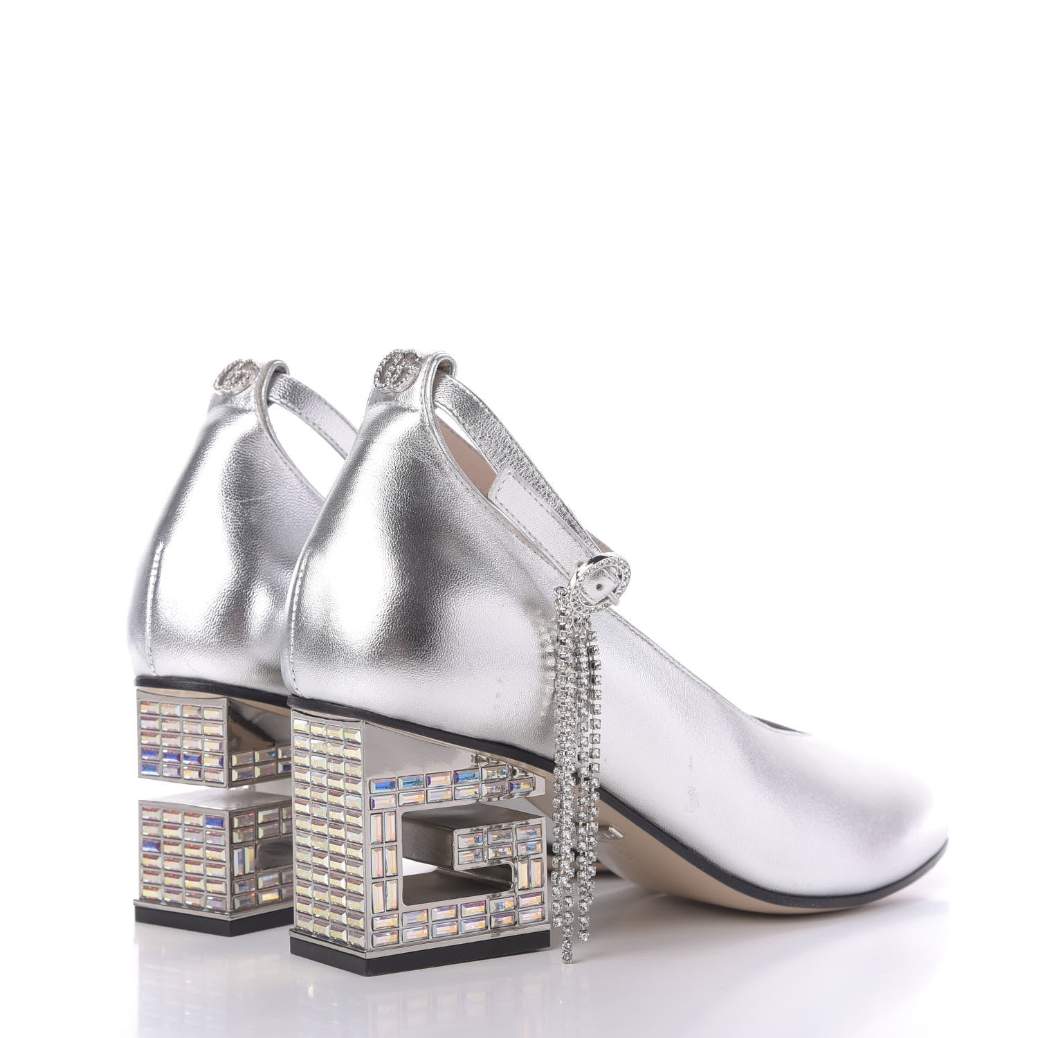 Gucci Metallic Nappa Crystal Square G Mid Heel Pumps 36 Silver 4 of 10