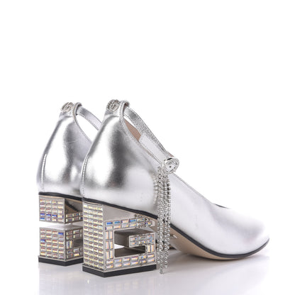 Gucci Metallic Nappa Crystal Square G Mid Heel Pumps 36 Silver 4 of 10