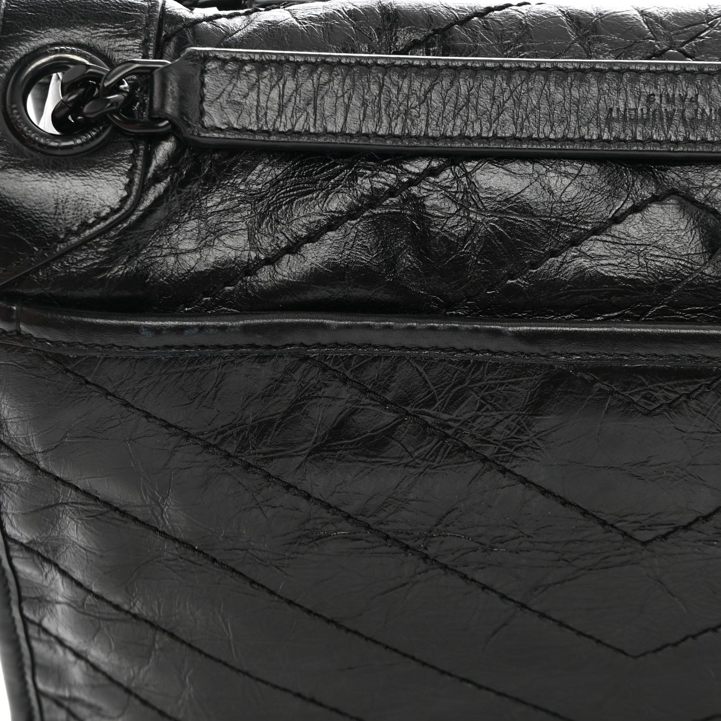 Crinkled Calfskin Matelasse Monogram Medium Niki Chain Satchel Black