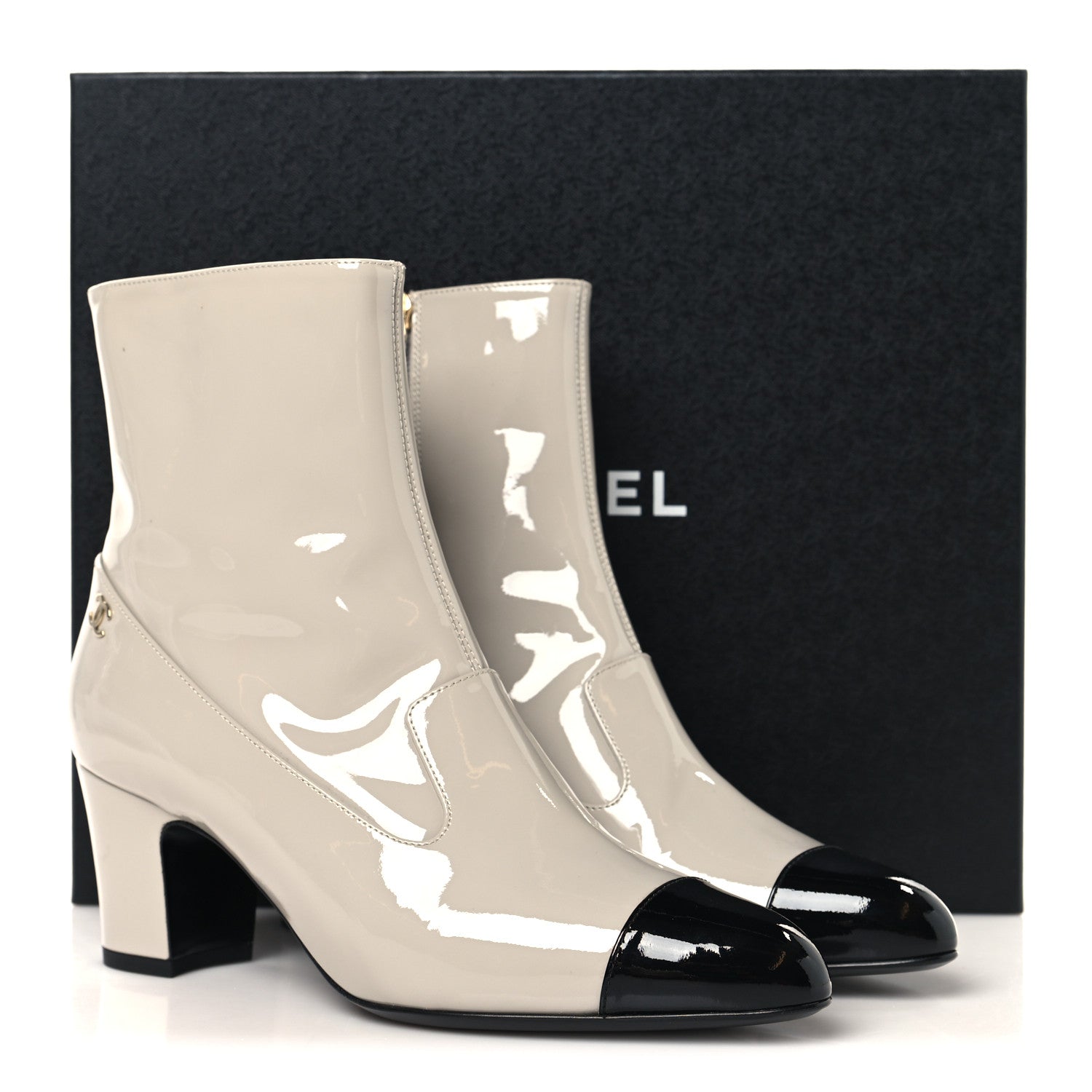 Chanel Patent Calfskin Ankle Boots 38.5 Light Gray Black 10 of 10