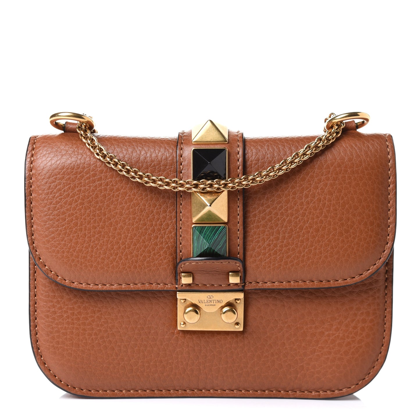 Pebbled Calfskin Rockstud Rolling Small Glam Lock Flap Light Cuir