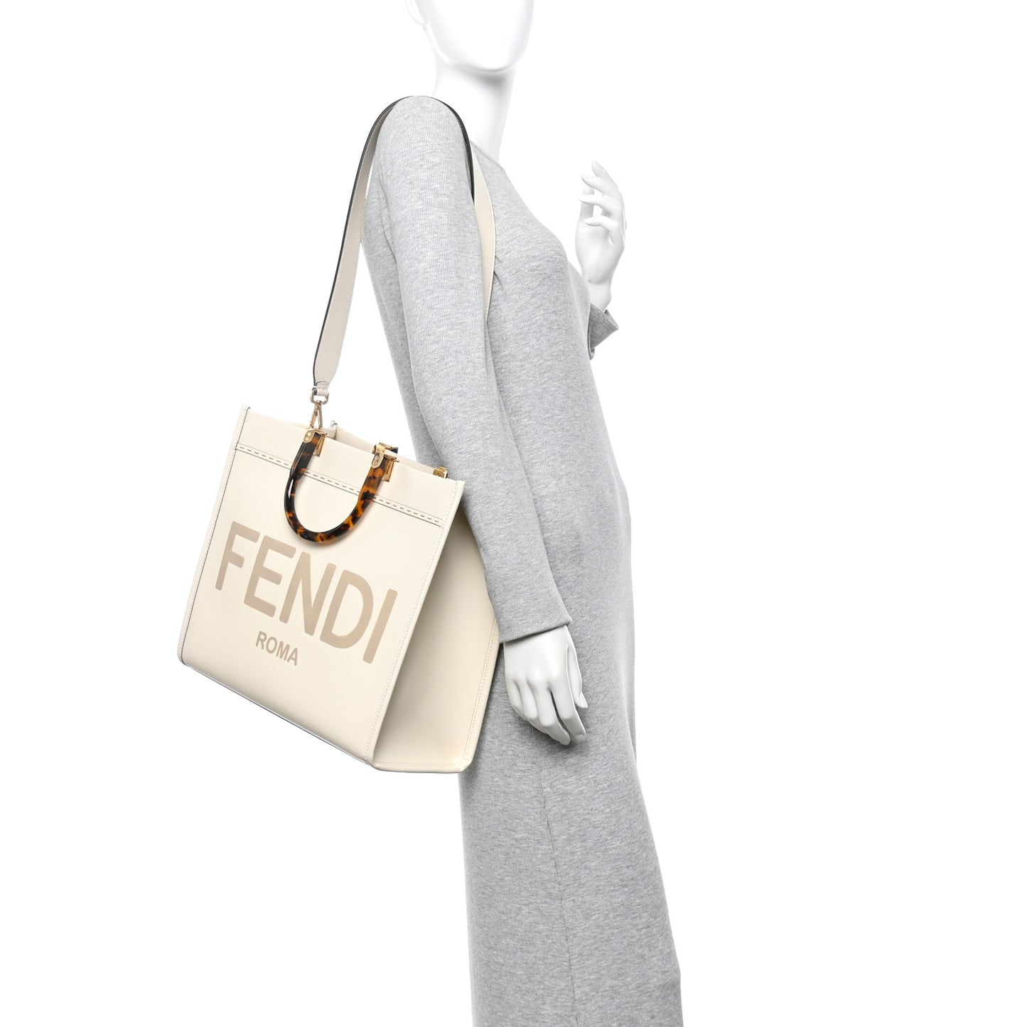 Vitello King Plexiglass Logo Embossed Medium Fendi Sunshine Shopper Tote White Ice