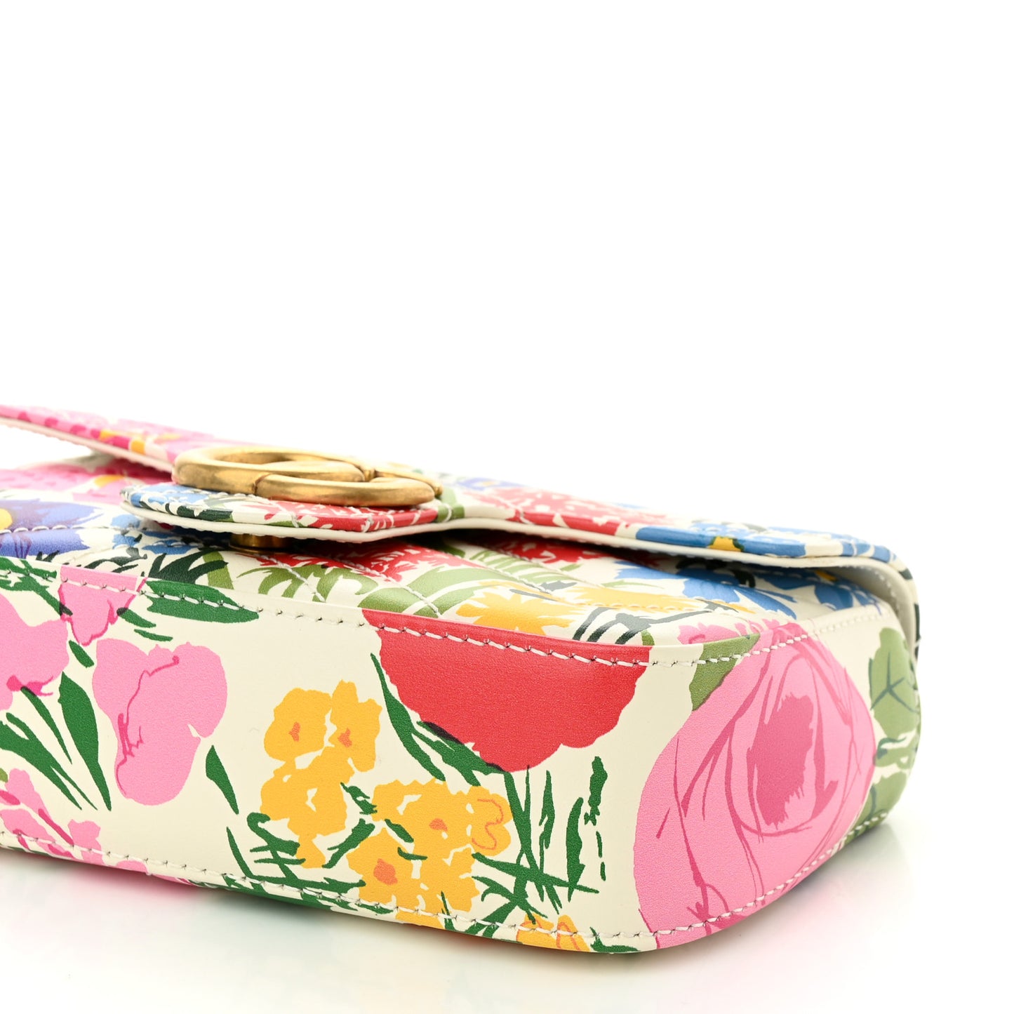 X KEN SCOTT Calfskin Matelasse Floral Print Super Mini GG Marmont Shoulder Bag Ivory Pink