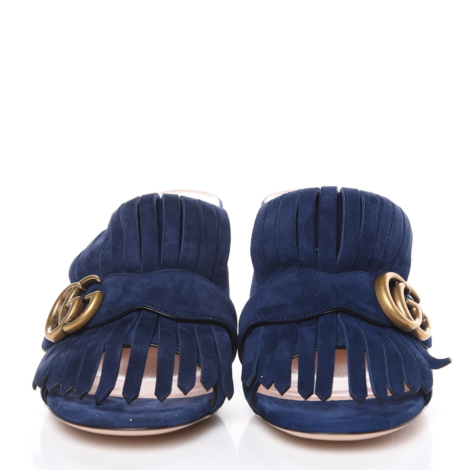 Gucci Kid Scamosciato GG Marmont Fringe 75mm Slide Sandals 38.5 Blue Ink 2 of 7