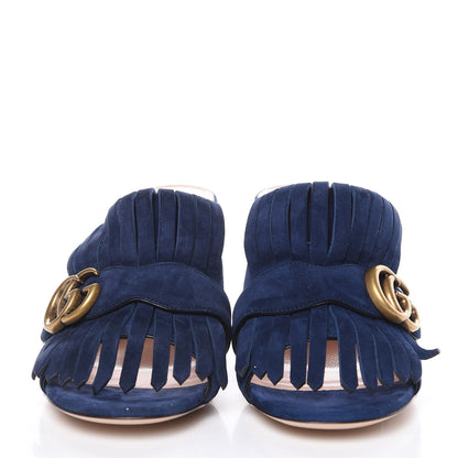 Gucci Kid Scamosciato GG Marmont Fringe 75mm Slide Sandals 38.5 Blue Ink 2 of 7