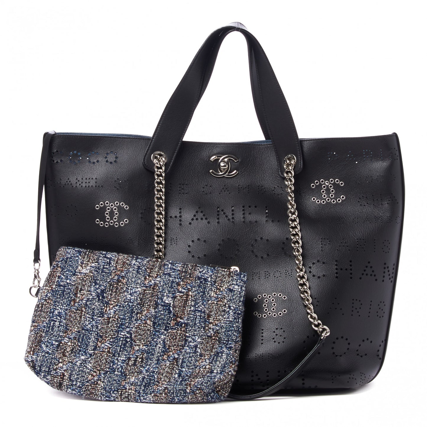 Calfskin Tweed Small Logo Eyelets Shopping Tote Black