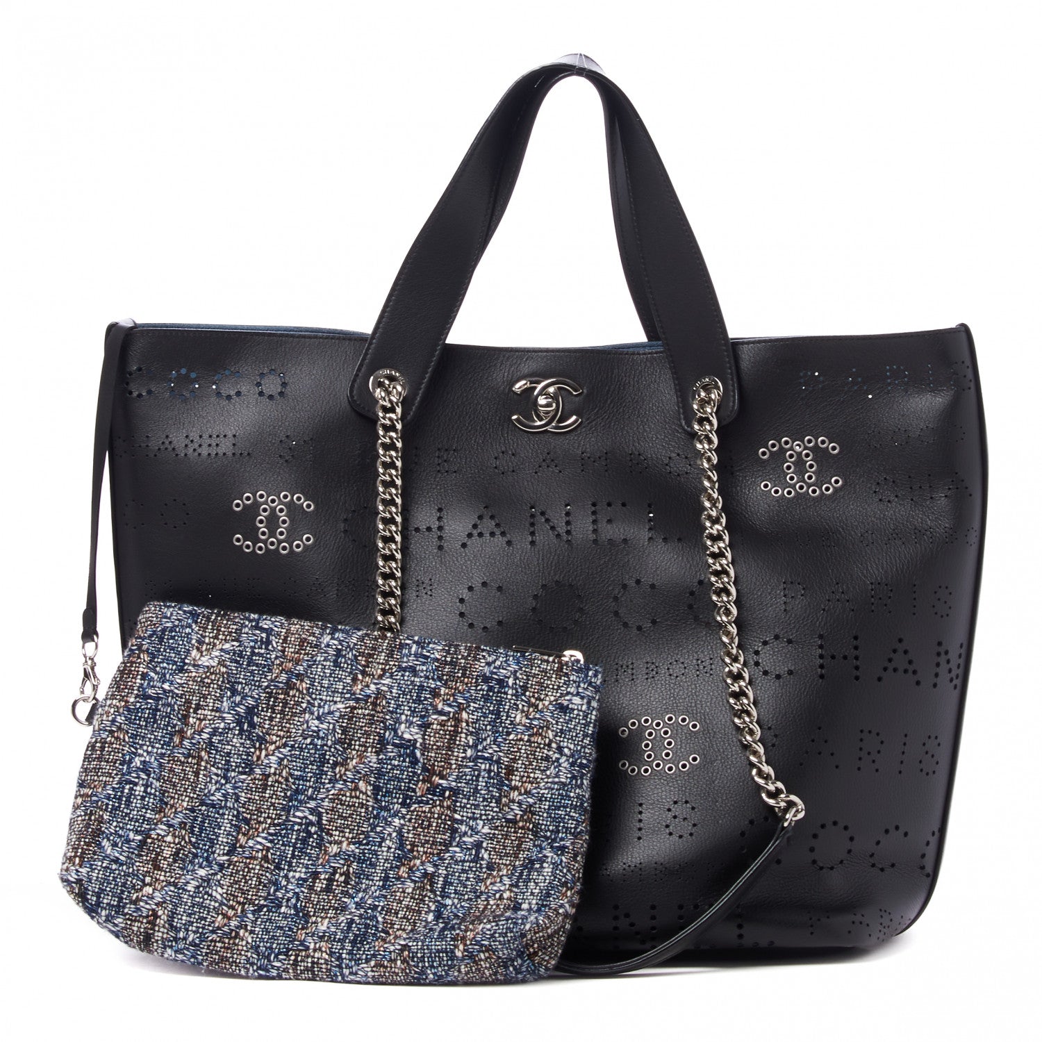 Chanel Calfskin Tweed Small Logo Eyelets Shopping Tote Black 1 of 10