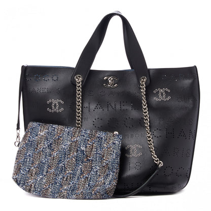 Chanel Calfskin Tweed Small Logo Eyelets Shopping Tote Black 1 of 10