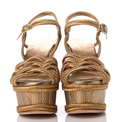 Chanel Metallic Woven Fabric Braided Wedge Sandals 38.5 Gold 2 of 9