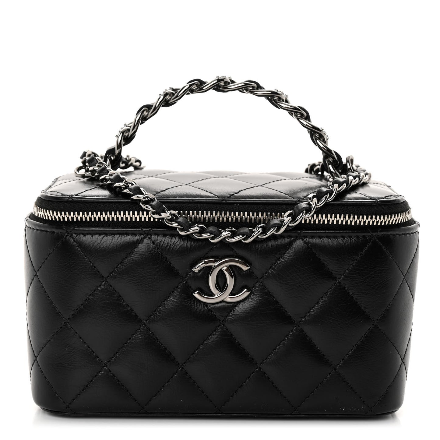 Shiny Crumpled Calfskin Crystal Quilted Precious Handle Vanity Case With Chain Black