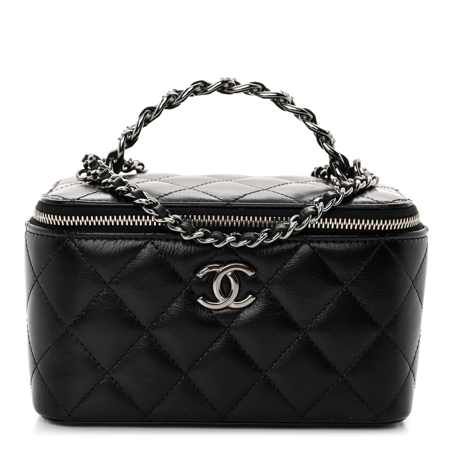 Chanel Shiny Crumpled Calfskin Crystal Quilted Precious Handle Vanity Case With Chain Black 1 of 11