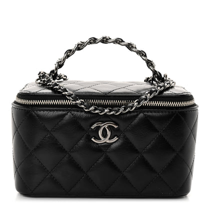 Chanel Shiny Crumpled Calfskin Crystal Quilted Precious Handle Vanity Case With Chain Black 1 of 11