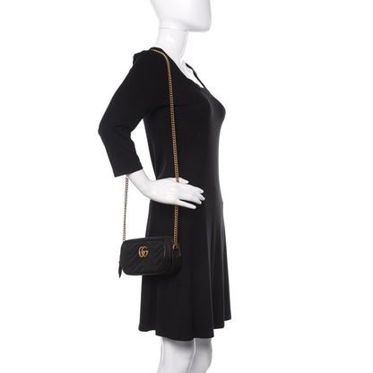 Gucci Calfskin Matelasse Mini GG Marmont Chain Crossbody Bag Black 2 of 13
