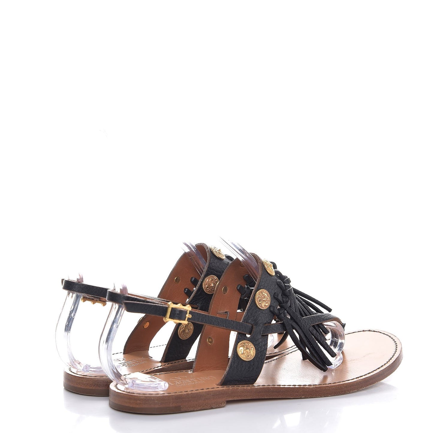 Pebbled Calfskin Fringe Coin Slingback Flat Thong Sandals 37 Black