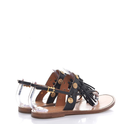 Valentino Garavani Pebbled Calfskin Fringe Coin Slingback Flat Thong Sandals 37 Black 4 of 11