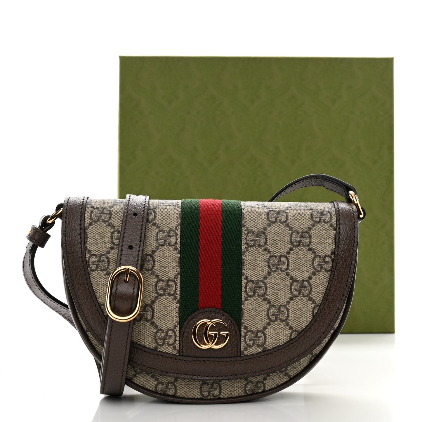 GG Supreme Monogram Textured Dollar Calfskin Web Mini Ophidia Flap Shoulder Bag Beige Ebony New Acero
