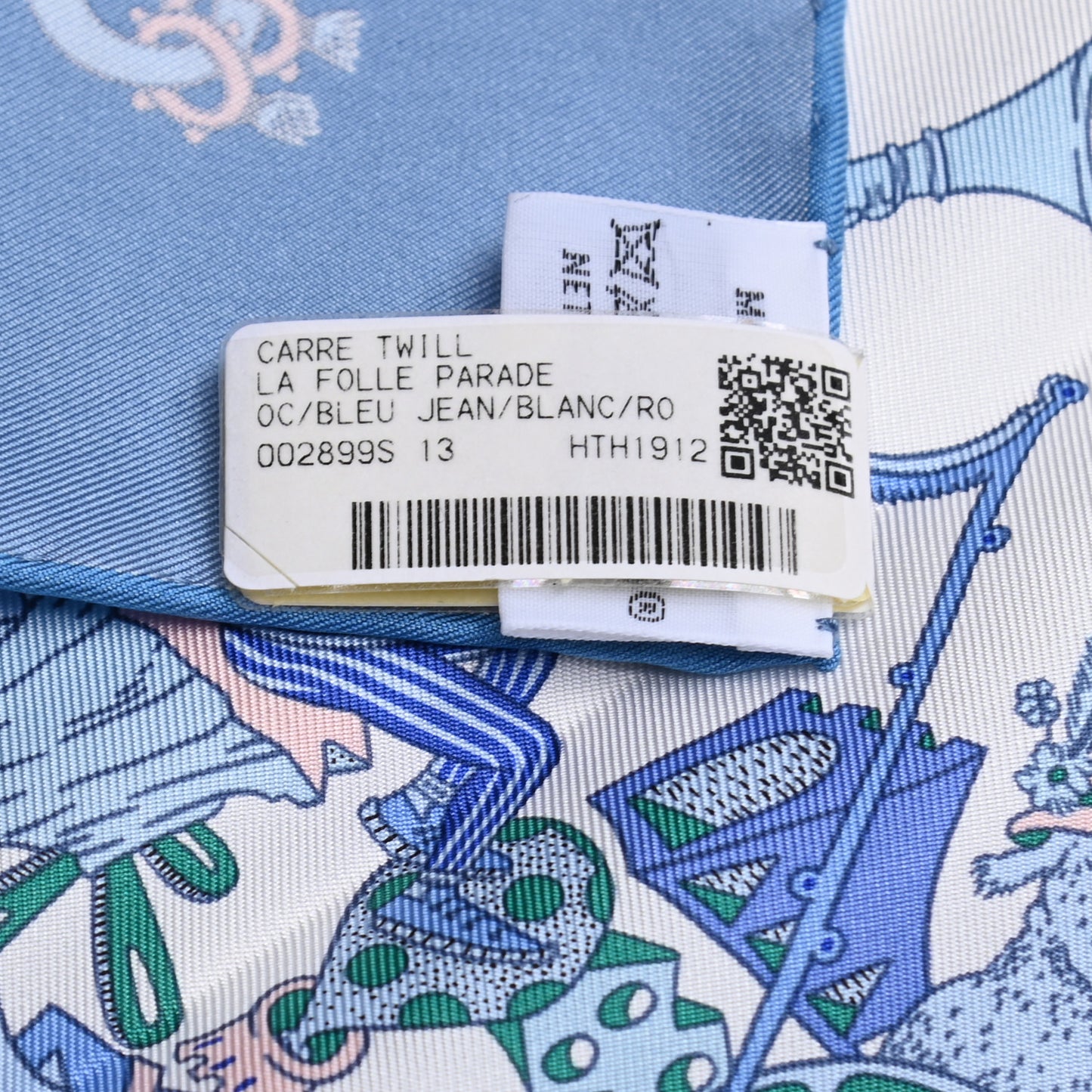 Silk Twill La Folle Parade Scarf 90 Bleu Jean White Rose