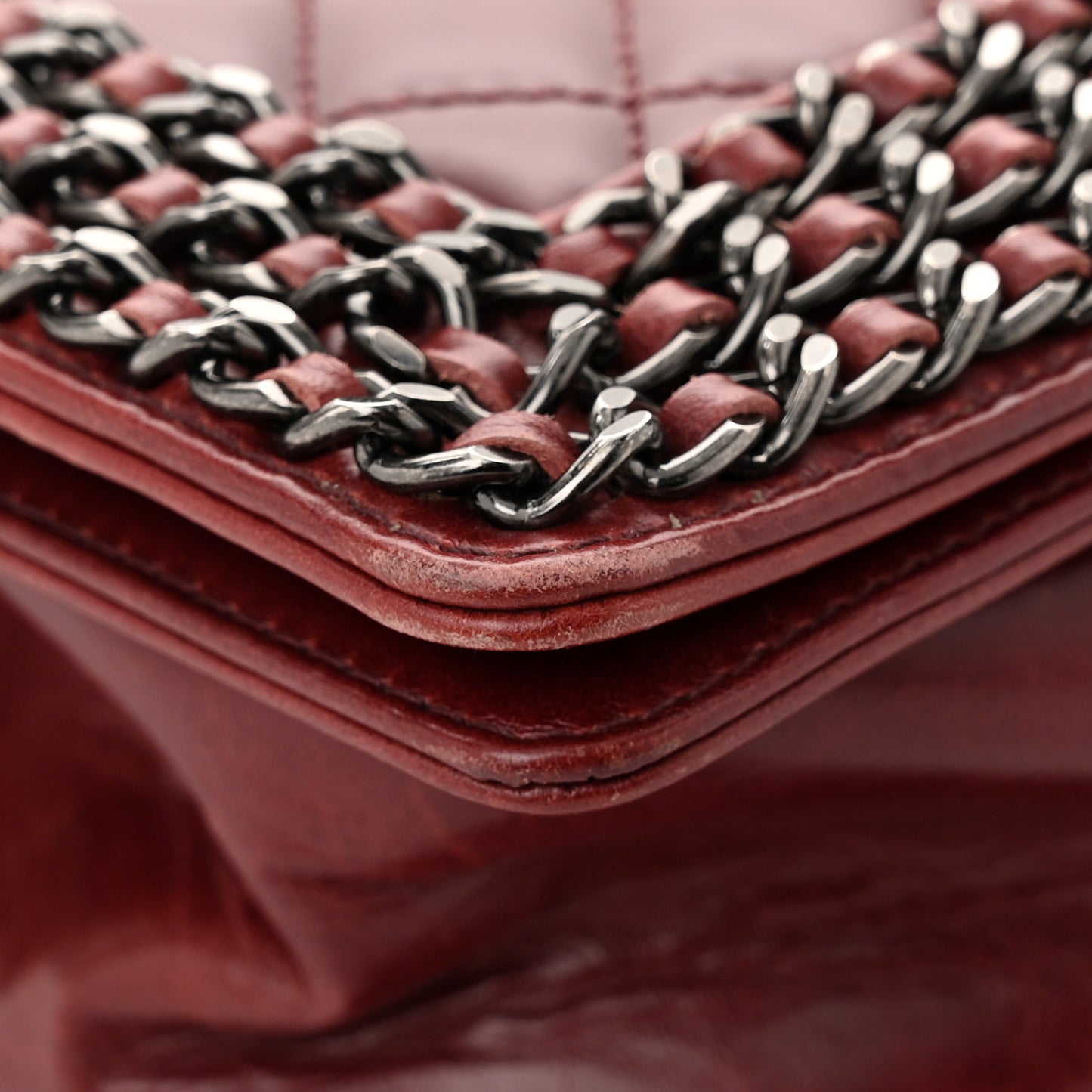 Glazed Calfskin Quilted Medium Boy Chained Flap Bordeaux