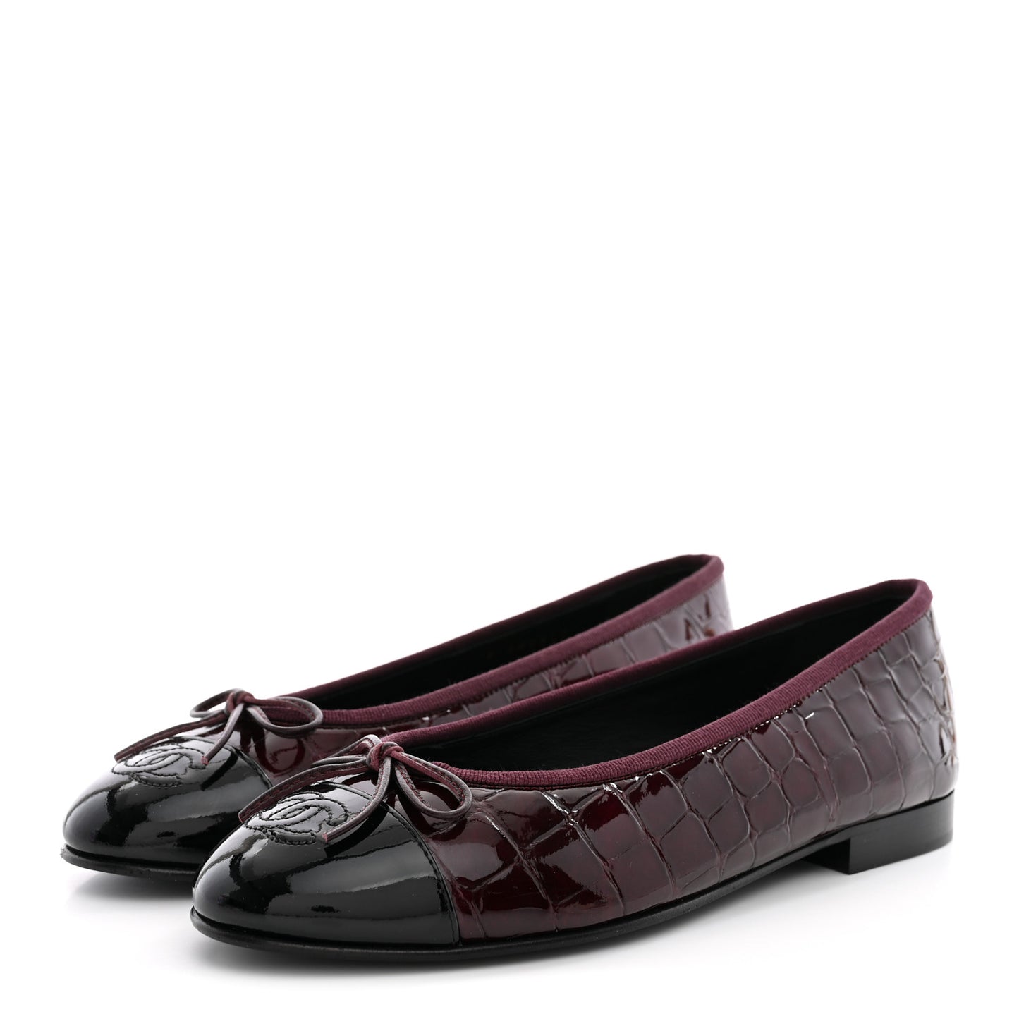 Patent Calfskin Crocodile Embossed Cap Toe CC Ballerina Flats 37.5 Dark Burgundy Black