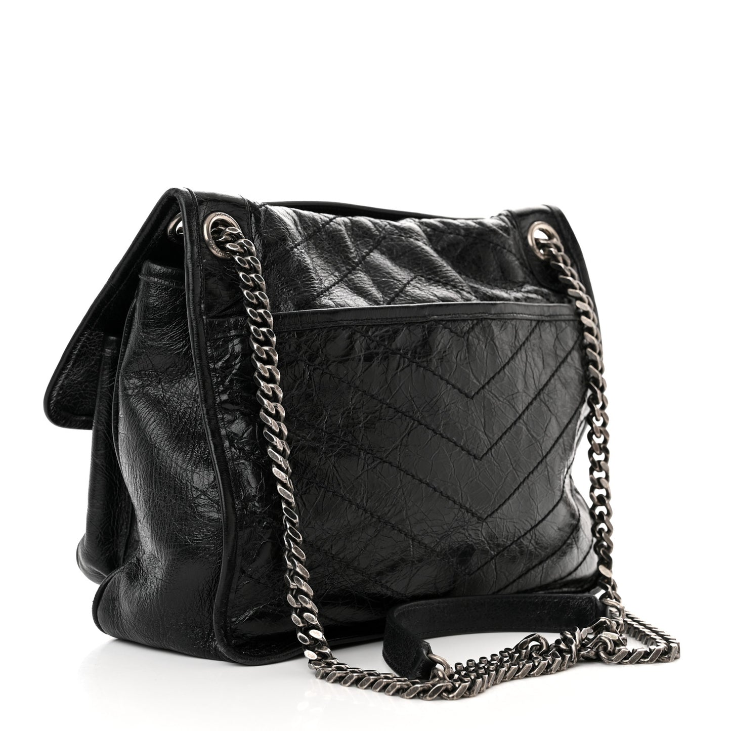 Crinkled Calfskin Matelasse Monogram Medium Niki Chain Satchel Black