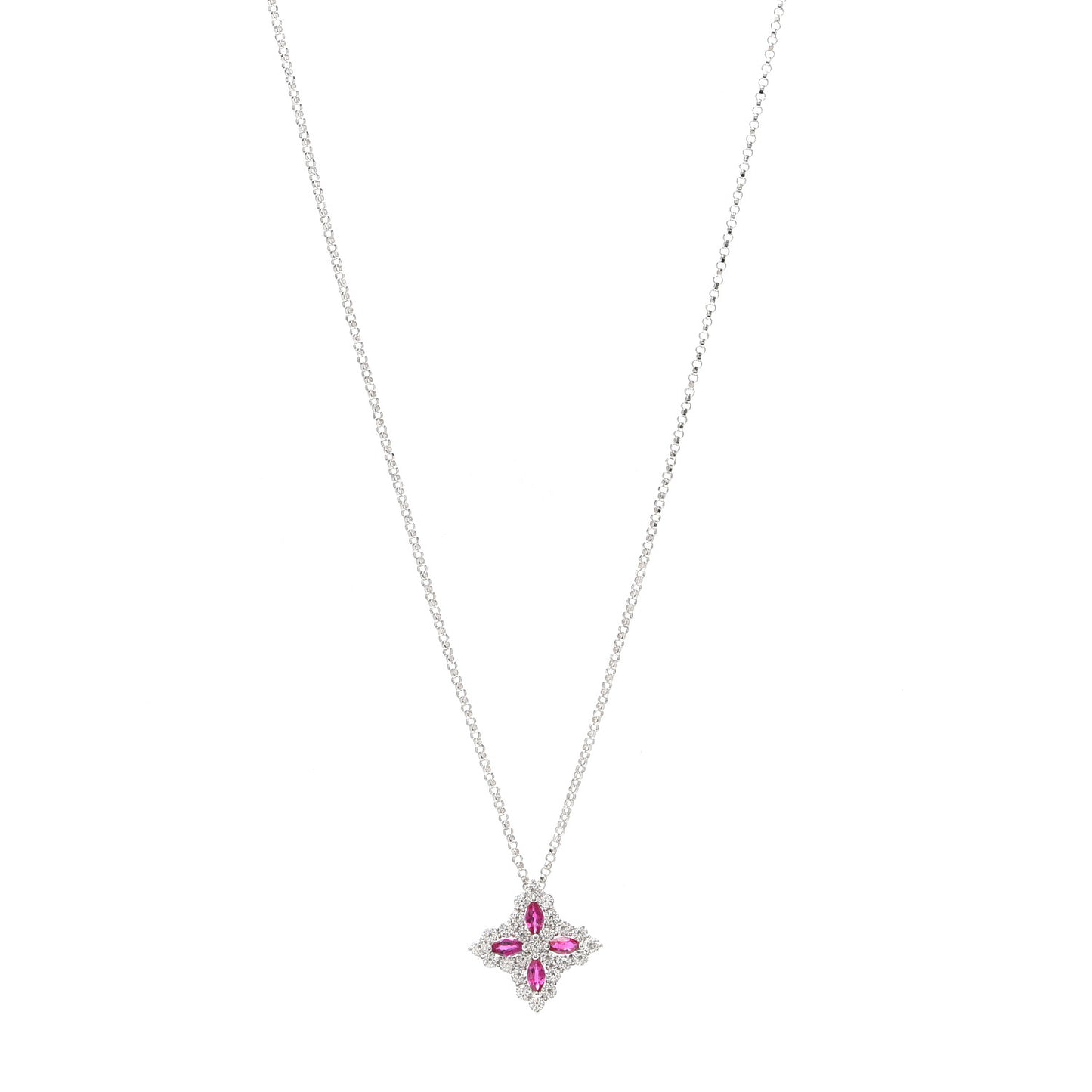 18K White Gold Diamond Ruby Princess Flower Pendant Necklace