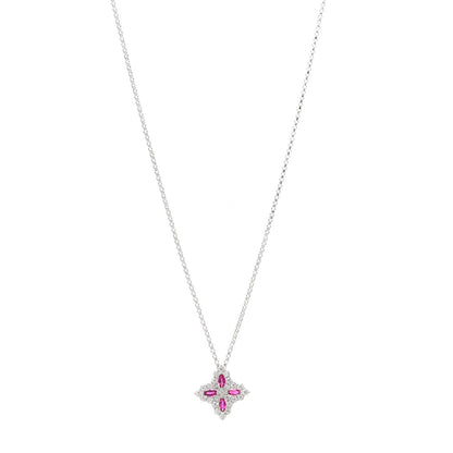 Roberto Coin 18K White Gold Diamond Ruby Princess Flower Pendant Necklace 1 of 7