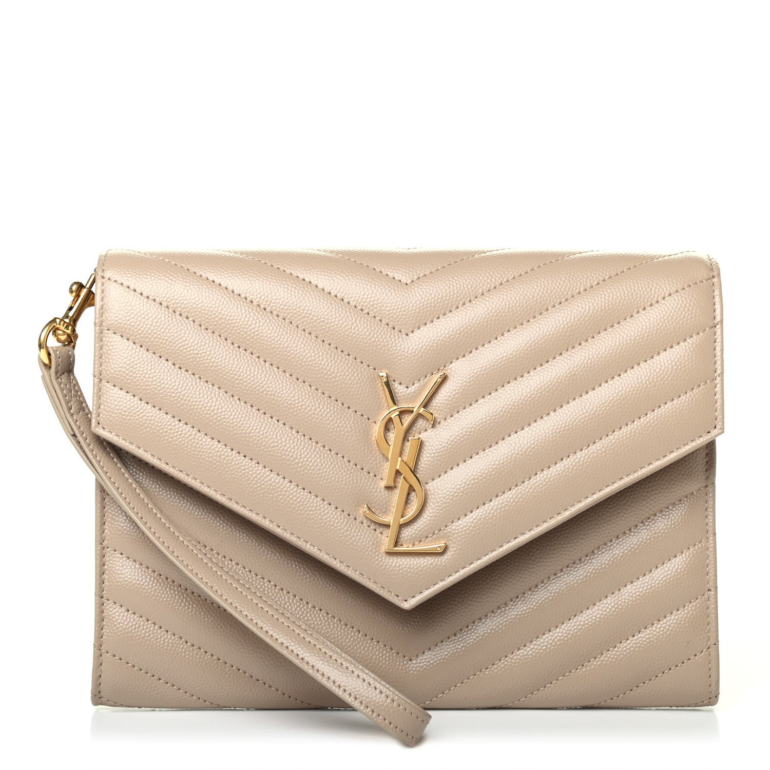 Saint Laurent Grain De Poudre Matelasse Chevron Monogram Envelope Clutch Dark Beige 1 of 4