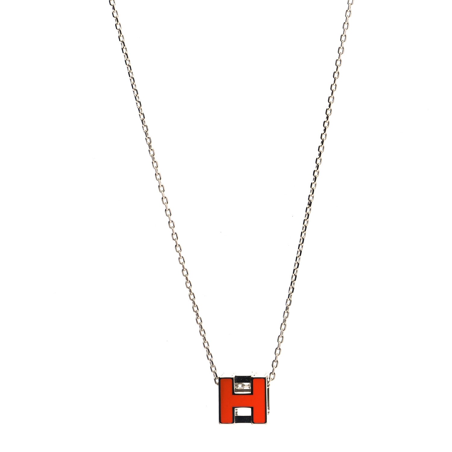 Hermes Lacquered Palladium Cage d'H Pendant Necklace Orange Fonce 1 of 5