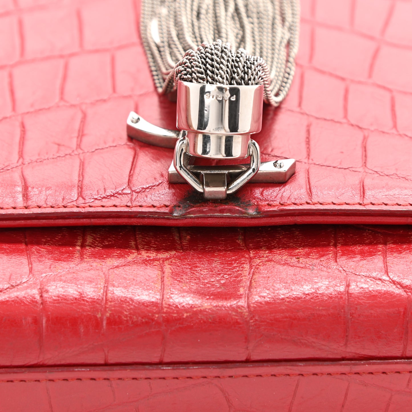 Calfskin Crocodile Embossed Medium Classic Monogram Kate Tassel Satchel Red