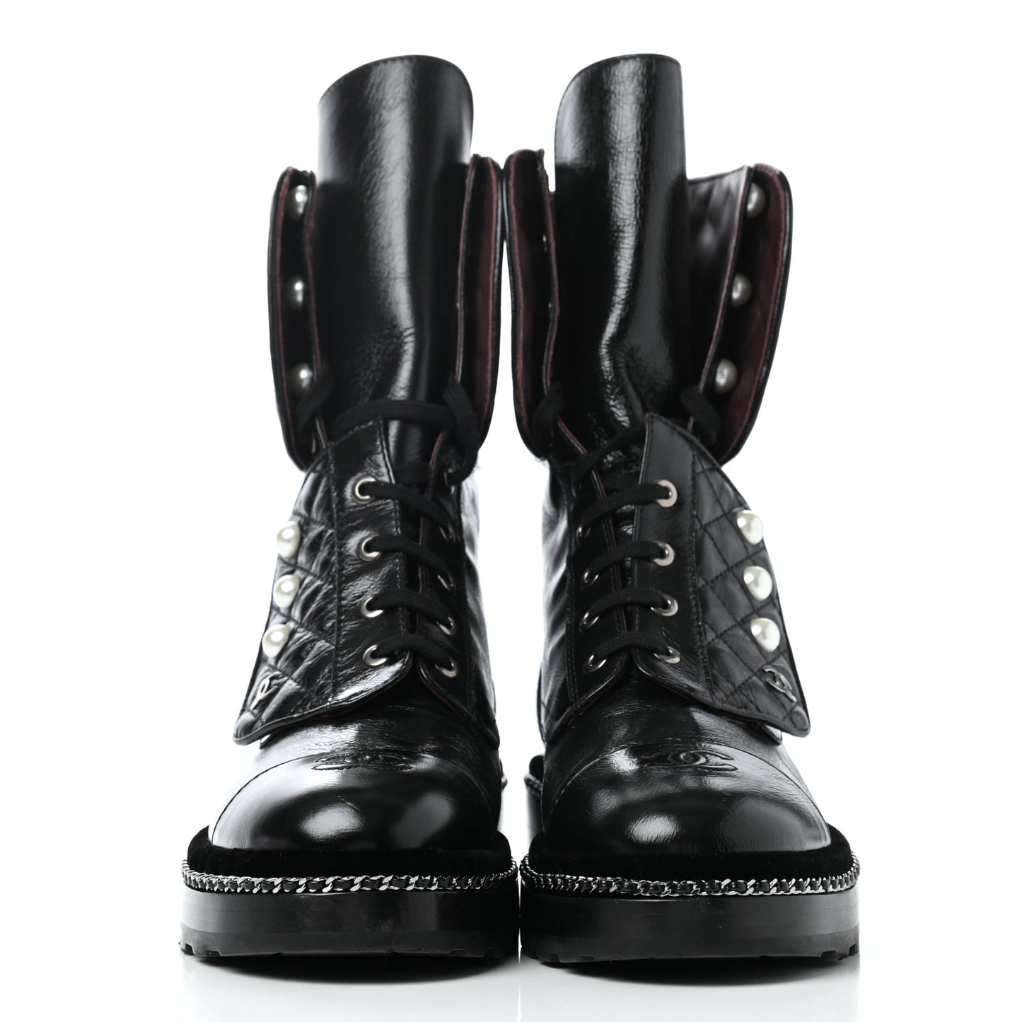 Crackled Calfskin Velvet Pearl Combat Ankle Boots 39.5 Black