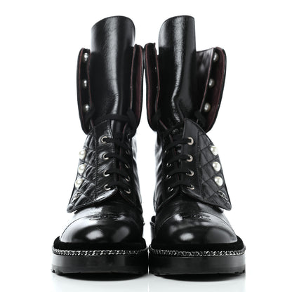Chanel Crackled Calfskin Velvet Pearl Combat Ankle Boots 39.5 Black 2 of 11