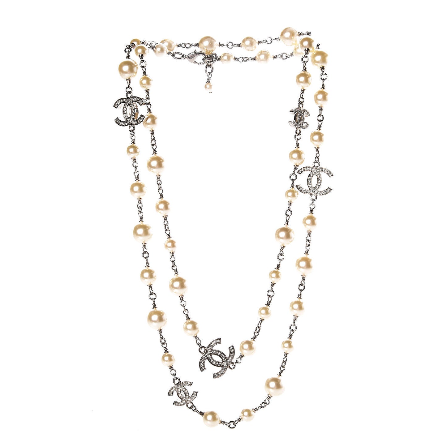 Crystal Pearl CC Long Necklace Silver