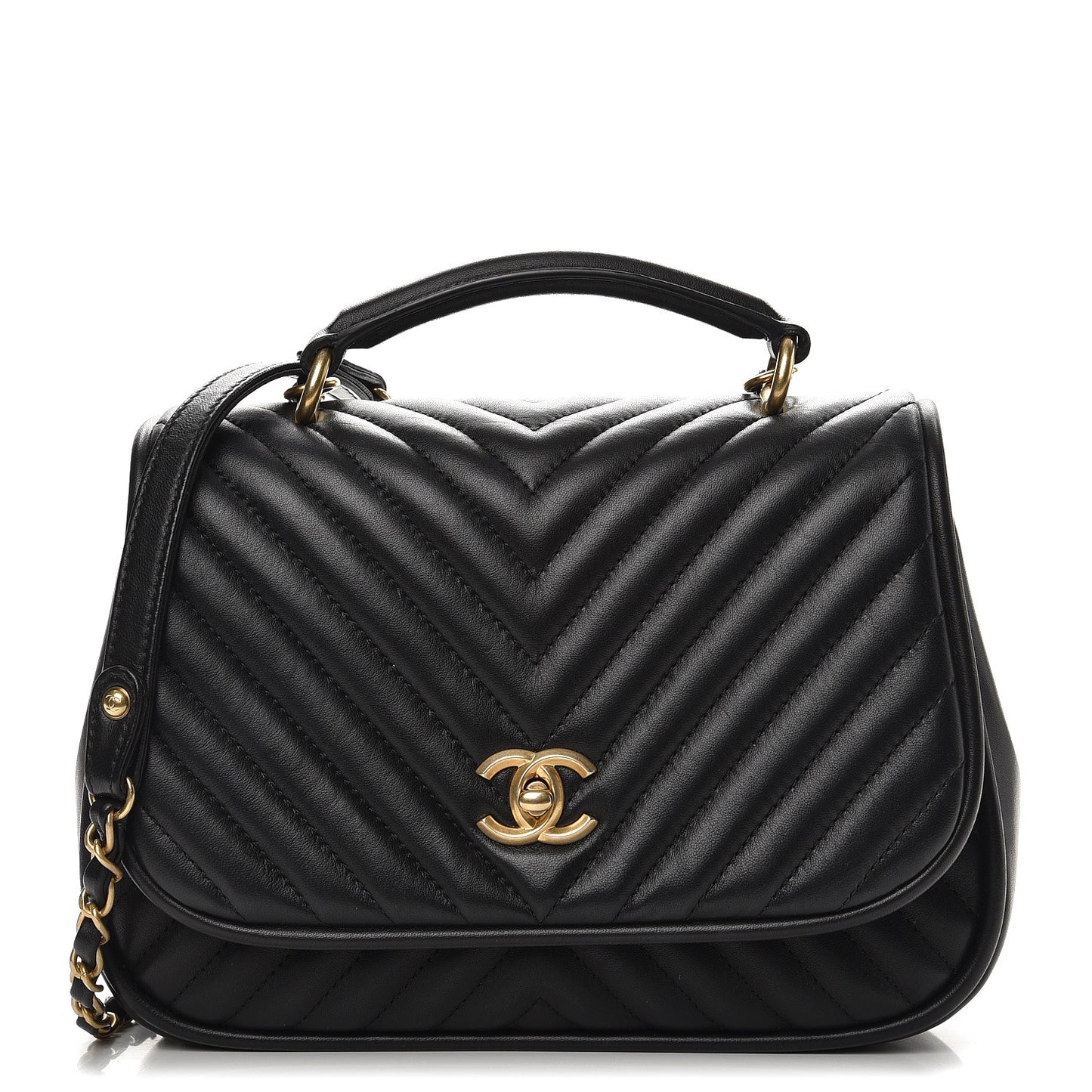 Lambskin Reverse Chevron Quilted Round Top Handle Flap Black